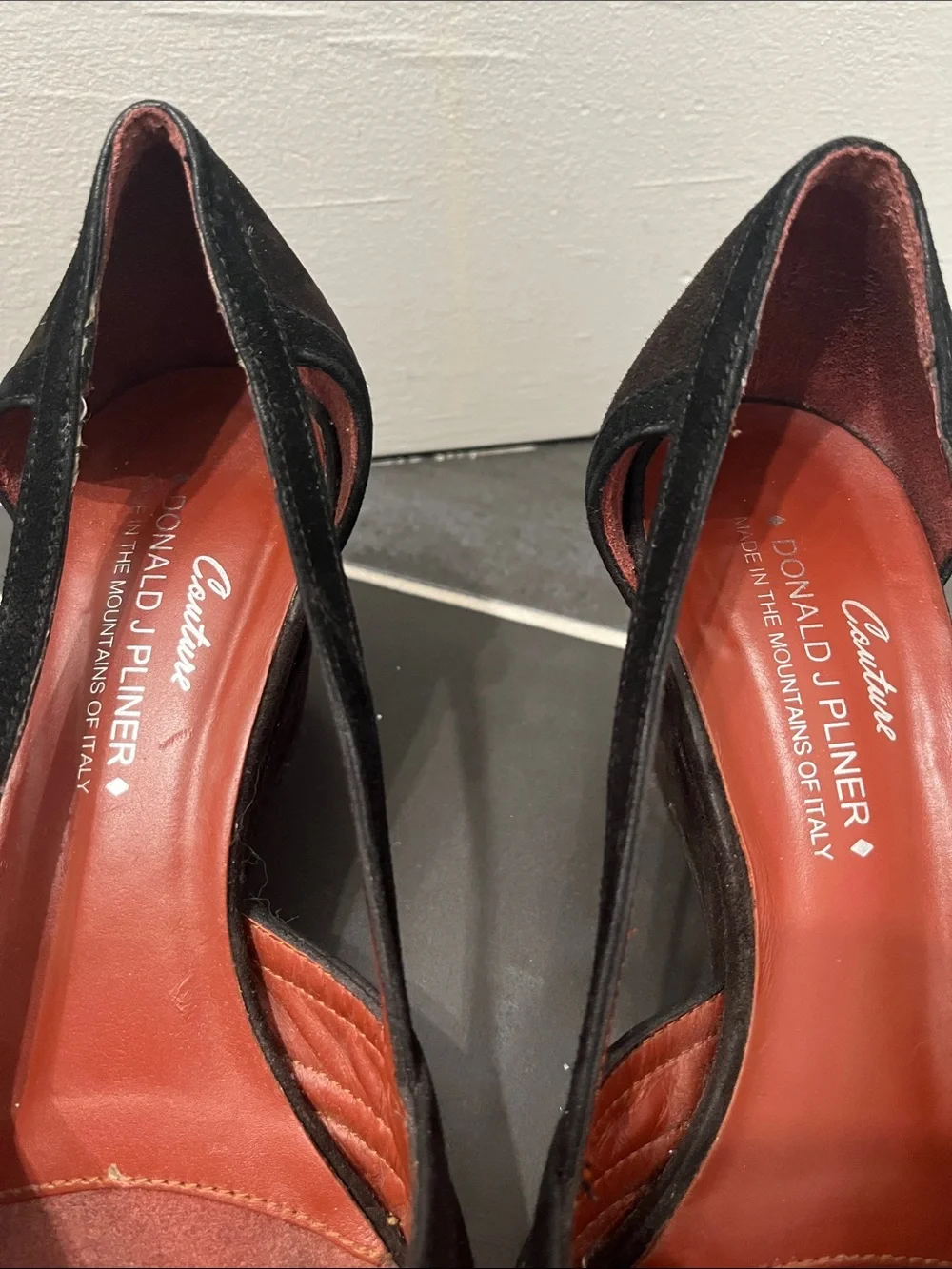 Couture Donald J. Pliner Black and Brown Suede Slingback Wedge Pumps